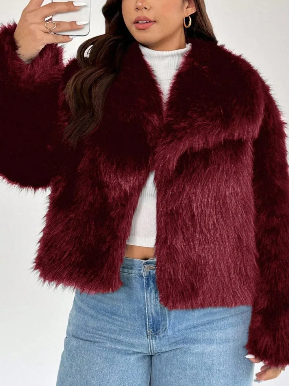 Burgundy Elegant Women's Plus Size Collar Loose Long Sleeve Furry Coat